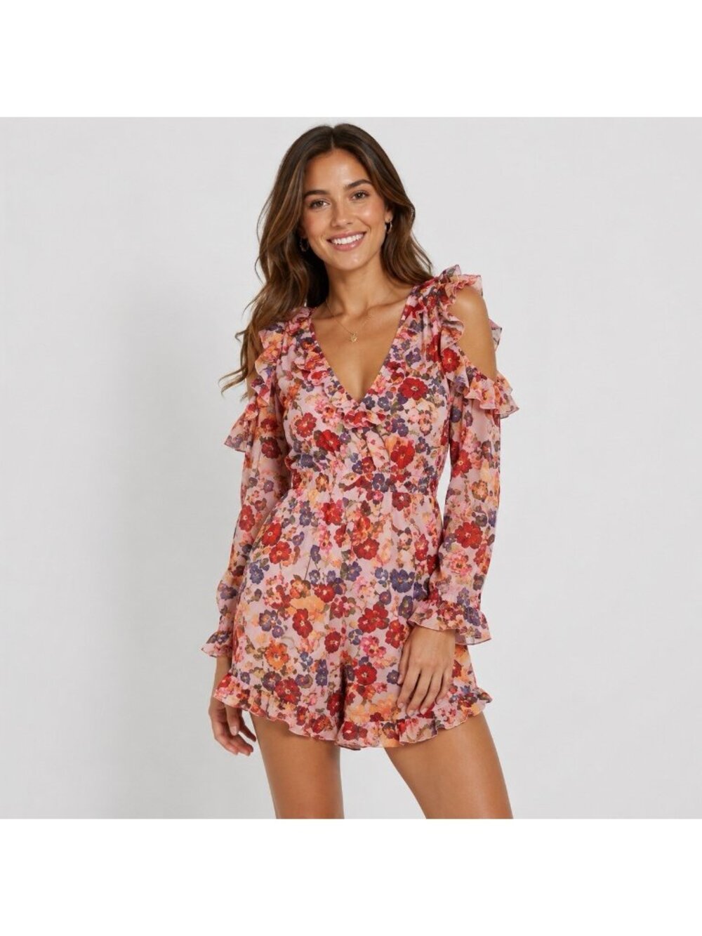 OPT Womens XS Cold Shoulder Ruffled Floral Romper Shorts Open Back Long Sleeve